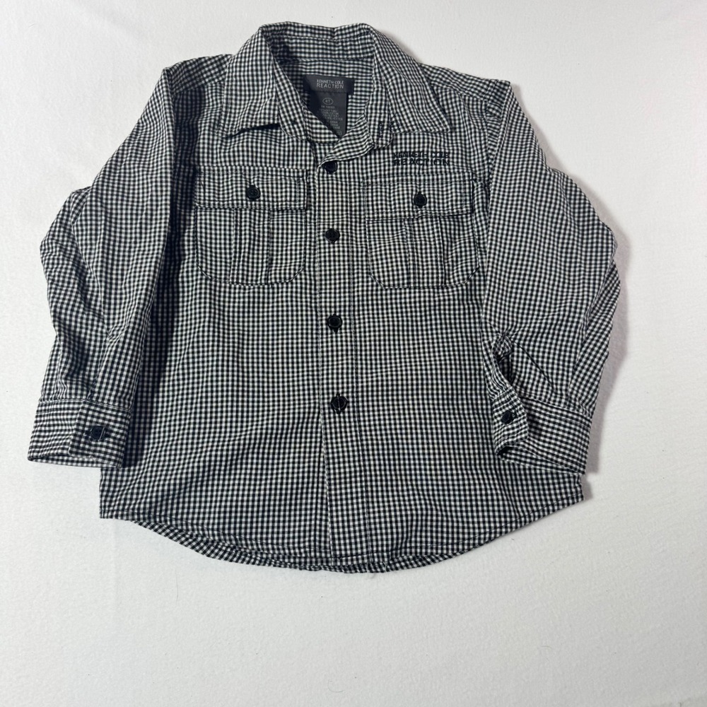 Kenneth Cole Reaction Boys Gingham Button Down Shirt 4T Black White Long Sleeve
